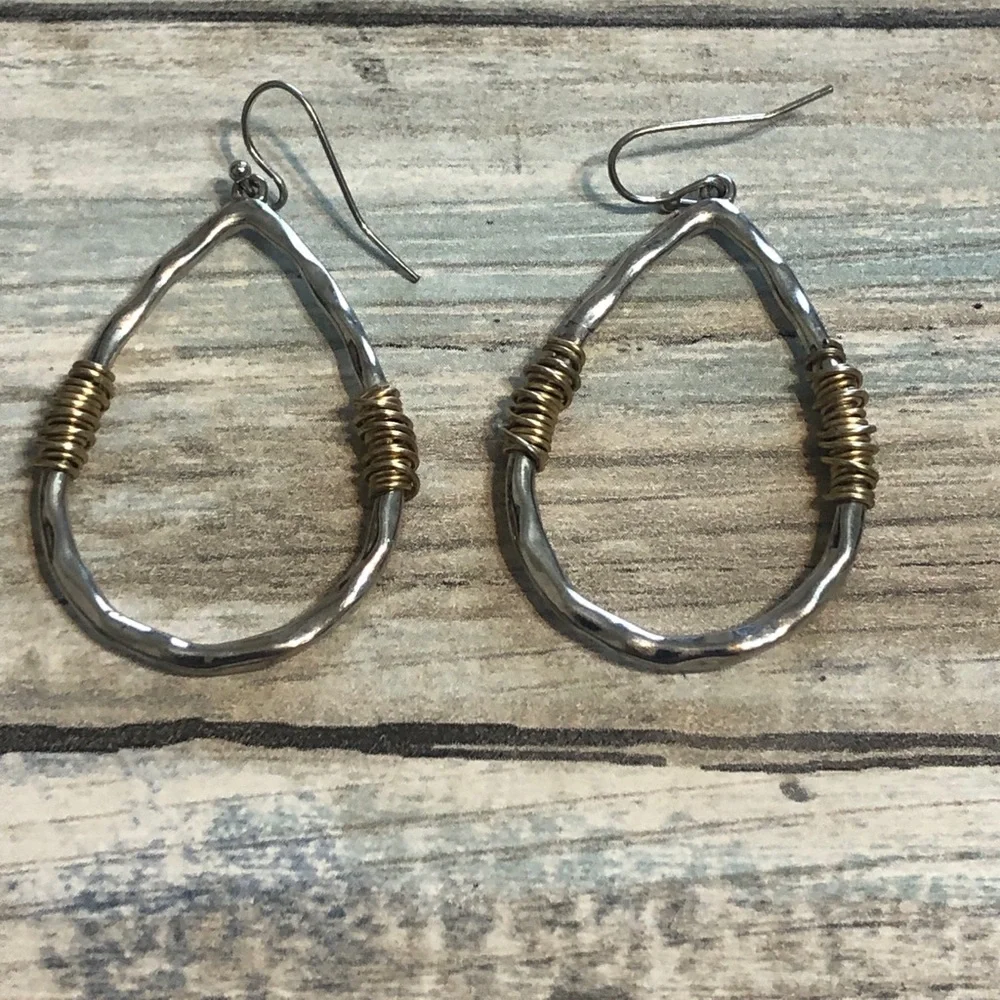 Teardrop Hammered‎ Artisan EARRINGS Silver Tone Gold Drop Dangle Hook 2
